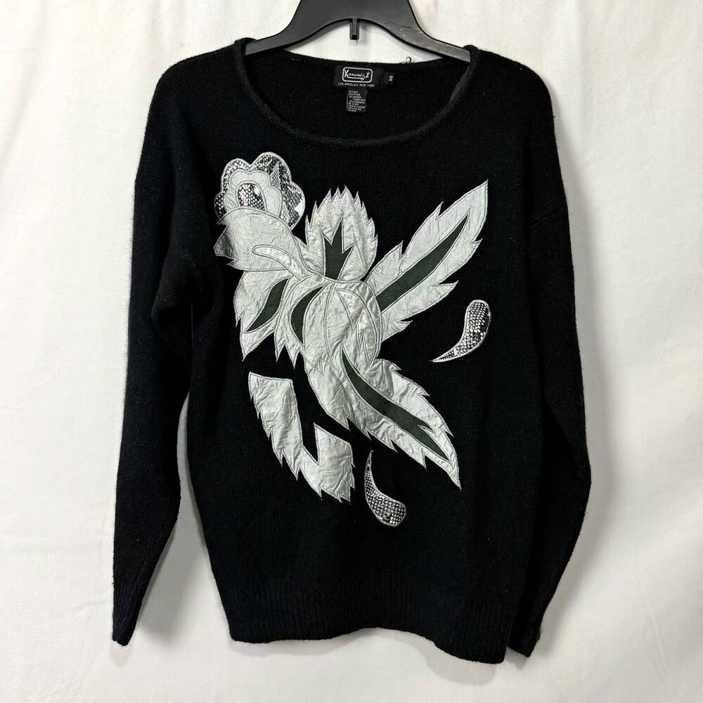 Karamiz II Women’s Black Knit Pullover Scoop Neck Silver Floral Embroidered 38